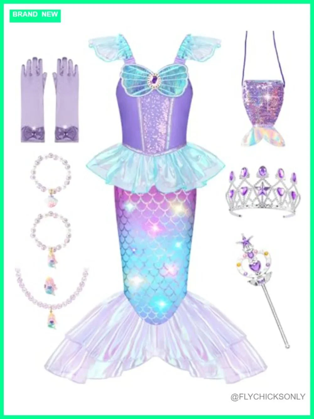 Light Up Mermaid Costume Dress Up Set for Girls with Purse Gloves Jewelry Crown